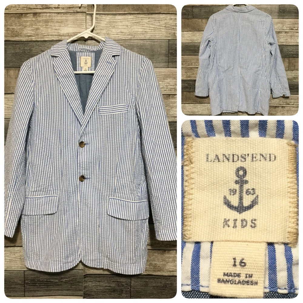 Lands End Seersucker Striped Blazer Kids 16 Blue White 2 Button Cotton